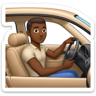 A dark-skinned man is sitting in a car and performing a shoulder check while driving. you can see the car from the inside and the driver is performing the shoulde check while lookin back into the car at the backseats sticker