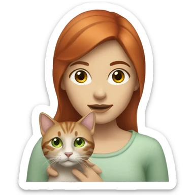 Red headed woman with brown eyes holding a light gray tabby cat that has green eyes sticker