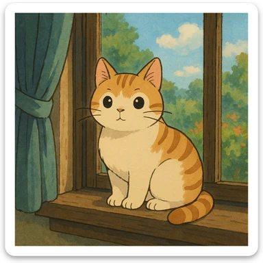 cute cat sitting on a windowsill, ghibli style sticker
