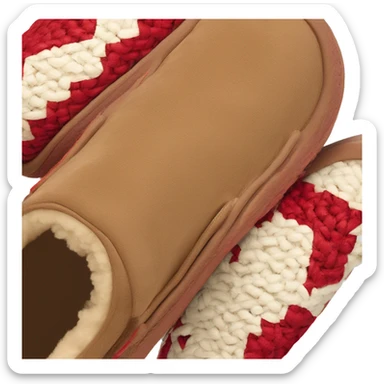 Camel color platform slip-on UGG slippers. thin red woven zig-zag trim line detail on the cuff sticker