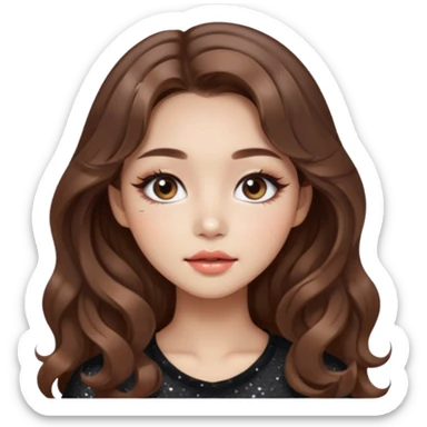 “korean brown hair Emoji girl, soft eyeliner, gradient lips, light brown shimmer eyeshadow, sparkly aegyo-sal, long wavy hair,  sticker