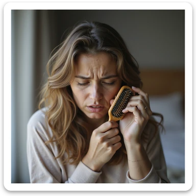 hyperrealistic 4K image of a woman with PCOS combing hair and noticing many hairs left on the brush, worried facial expression, thinning hair, domestic environment sticker