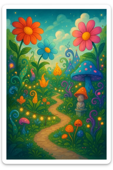 A whimsical botanical garden with oversized flowers, fantasy plants, and playful design sticker