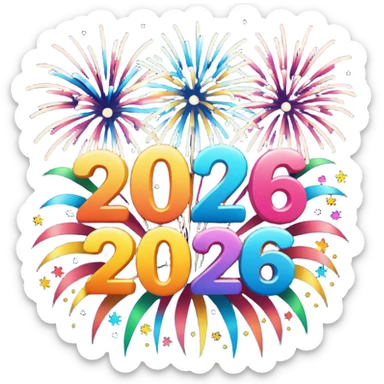 "Happy 2026" in backdrop of colourful fireworks in outline artwork sticker