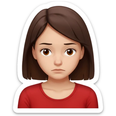 "Cartoon emoji of a young brunette woman with fair-medium skin, brown eyes, wearing a simple red top. Portrait mode, slouched, looking down, overthinking and insecure. Small frown, worried eyes. Smooth, friendly, stylized, Mary Jane–like appearance." sticker