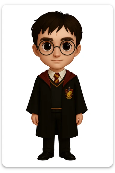Adjust Harry Potter to full body, standing, wearing traditional Gryffindor uniform, round glasses, scar on forehead, large eyes, with body proportions elongated and similar to the provided references, maintaining the same visual style as the original images. sticker