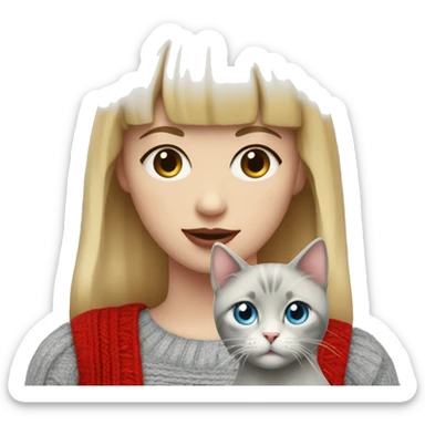 girl with short blonde hair and bangs (a fringe) with blue eyes, long eyelashes and red lipstick in a red cable knit sweater holding a grey cat sticker