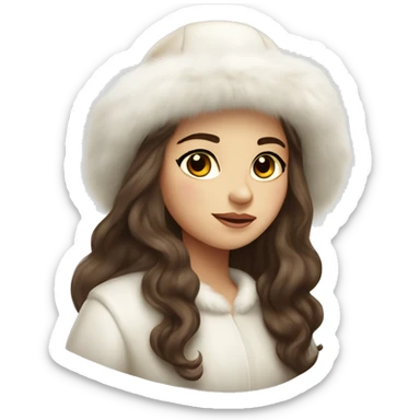 Slavic girl with dark eyes and brown wavy long hair wearing a white fur hat and white Mink fur coat sticker
