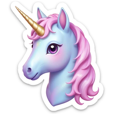 Cinematic Cute Unicorn Pony Portrait Emoji, Head tilted playfully and inquisitively, featuring a charming, diminutive form with a gentle pastel color, a delicate, sparkling horn and large, dreamy eyes full of wonder, Simplified yet irresistibly adorable features, highly detailed, glowing with a warm, magical glow, high shine, affectionate and lively, stylized with a touch of whimsical charm, soft glowing outline, capturing the essence of a mischievous yet endearing unicorn pony that seems as if it could prance out of the screen into your arms! sticker
