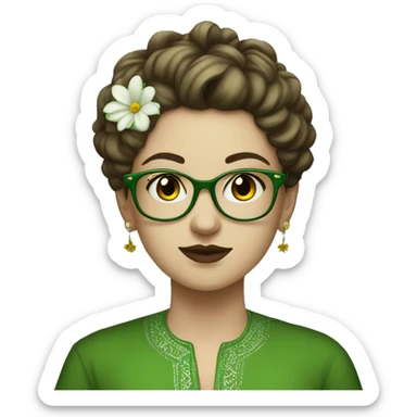 White girl in a green kurta with flower design, glasses, alot of piercing, gay, red lips, nose ring, full body, teen, short edgar hair,  sticker