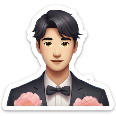 Gorgeous romantic anime style Asian formal modern gentlemanly guy with flowers and blushing face aesthetic trending style outside with colorful gradient colors sticker