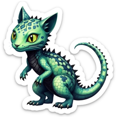 a dark gothic edgy reptilian feline-vernid-fionbri-creature with splash patterns full body sticker