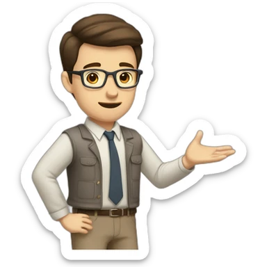 To belt Actively gesturing with hands Pale skinned fit man teacher with dark brown hair in gray jacket, beige office shirt, brown tie, brown pants and vintage glasses. sticker
