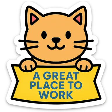 cat holding a ribbon with the text 'a great place to work' written in blue in lineal color icon with black outlines style sticker