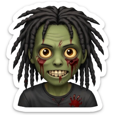 zombie with brown skin, messy black dreads hair, wide centered brown eyes, dark bloody marks under the eyes, and a smile showing shiny metal teeth,black shirt, giving a distressed, undead look. sticker