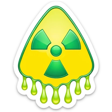 radioactive hazard symbol stylized to look like it is melting. The symbol is bright neon green and toxic yellow, with smooth dripping edges like liquid. sticker