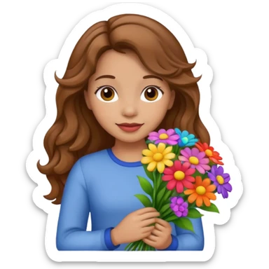 Niña con un ramo de flores que sea castaña con cabello ondulado  sticker
