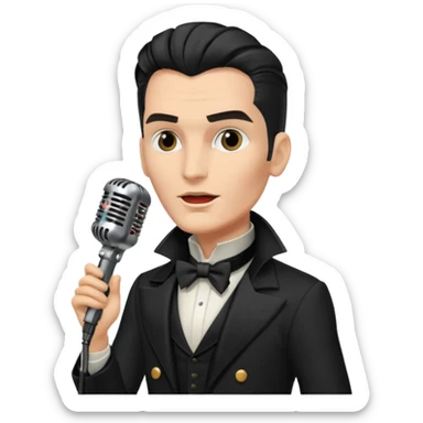 cinematic - musician Falco - wearing black tailcoat and sings on a retro antique microphone sticker