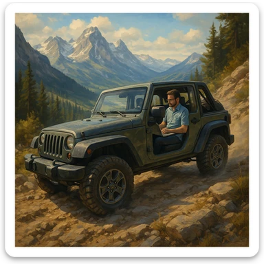 A jeep climbing a mountain trail, with an IT worker inside, multitasking between a laptop and enjoying the view, representing dedication and work-life balance. sticker