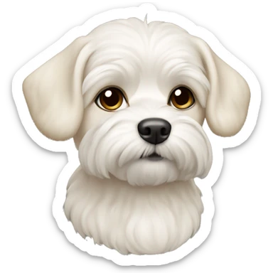 Maltipu dog named Misha is white with a white-beige ear sticker
