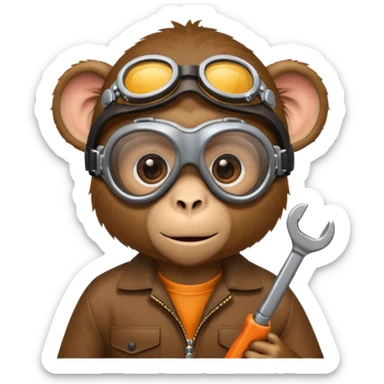 Curious monkey with goggles, holding a wrench or small gadget. sticker