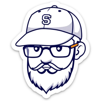 adventurer with beard, glasses and backwards baseball cap sticker