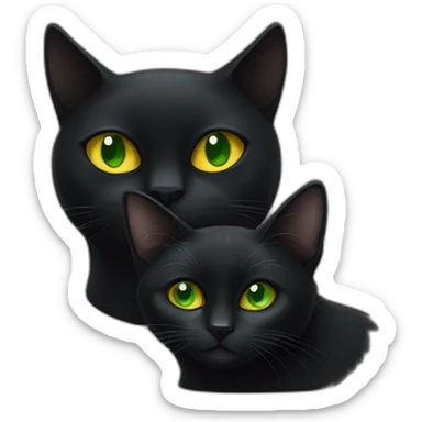 one black cat with green eyes next to an other with yellow eyes. sticker