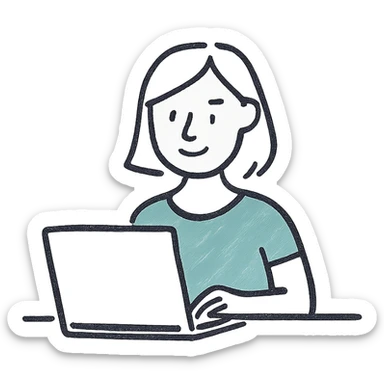 simple line drawing of a woman at a laptop, teal accent, minimal, modern sticker