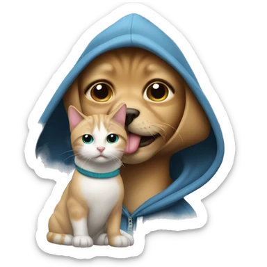 cat wearing a hoodie and kiss dog cheek  sticker