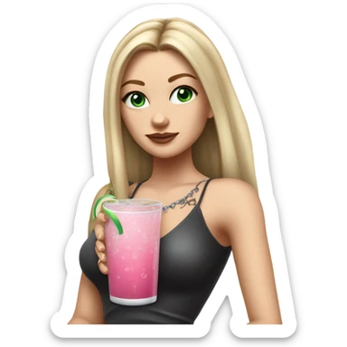 Realistic White girl with Long straight blonde hair, green eyes, tattoos, full body wearing dress and High heels, holding pink drink sticker