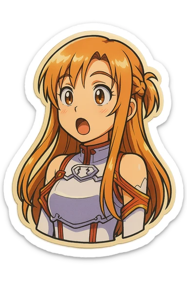Sticker of Asuna from Sword Art Online in retro sticker style with an amazed expression, inspired by the reference image. sticker