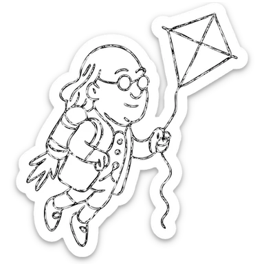 Ben Franklin with jetpack and diamond kite, hand-drawn black outline, minimalist sticker