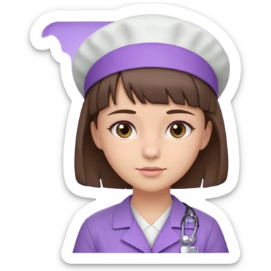 A young female slim nurse with short Brown hair with fringe over her forehead, wearing larvendar purple working cloth sticker