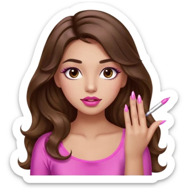 girl with long wavy brown hair, brown eyes, light to medium complexion, in a pink sexy top, pink lips, long lashes, puckered lips, showing my nails sticker