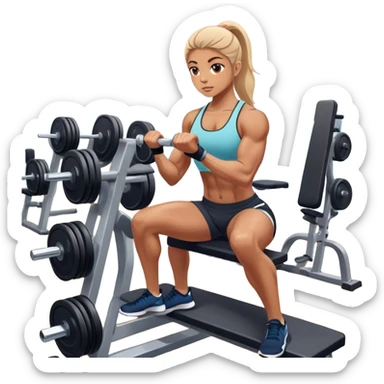 A focused athlete working out on a strength training machine in a modern gym. Muscles engaged, expression determined, demonstrating power and endurance. The gym is filled with equipment like dumbbells, barbells, and mirrors reflecting effort, creating a high-energy atmosphere. sticker