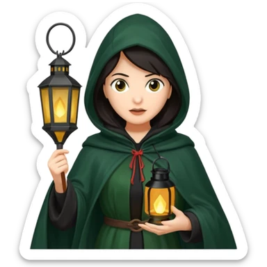traitor tv show, dark haired woman wearing dark green cloak with hood up who looks evil and is holding up a lantern sticker