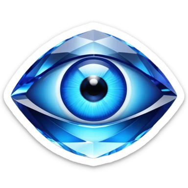 Cinematic Realistic image of a glass Evil Eye blue stone, rendered with translucent, luminous blue hues and finely cut facets that catch soft reflective light, set against a dark, minimalist backdrop to emphasize its mystical allure. sticker