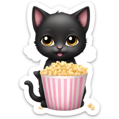 Cute black Kitten with popcorn and baby pink bow on neck sticker