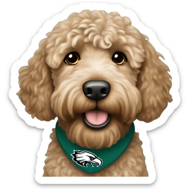 a light brown labradoodle wearing a Phildaelphia Eagles shirt sticker