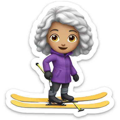 Cute girl on skis with grey hair and a purple coat sticker