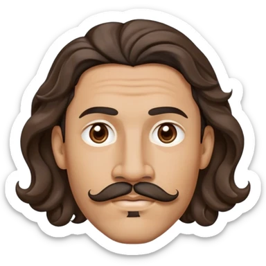 Mixed race man with long, wavy hair with a center part, a small diamond stud earring in each earlobe, a mustache over the top lip, and a wavy triangular goatee on the chin. Head only!!! No shoulders or torso. sticker