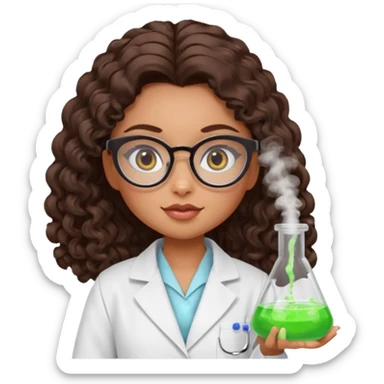 realistic bratz doll with long curly dark brown hair, glasses that are round cat eye vibes, in a lab coat mixing beakers that glow sticker