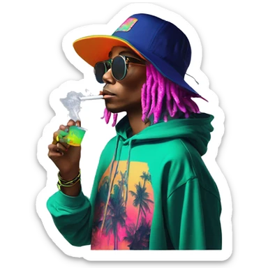 Multicoloured neon person smoking wearing hoodie dancing hip hop bucket hat tropical Skater fashion aesthetic baggy clothes graphic t shirt 420 sticker