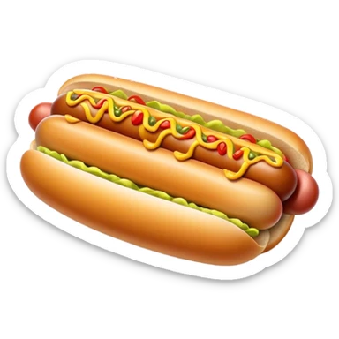 Cinematic Realistic Hot Dog Dish Emoji, featuring a classic hot dog in a bun topped with mustard and relish rendered with crisp textures and vibrant, dynamic lighting. sticker
