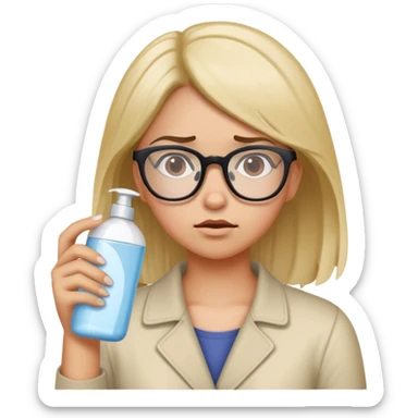Girl with glasses looking disgusted, holding shampoo bottle away from her, not wanting to wash her hair sticker
