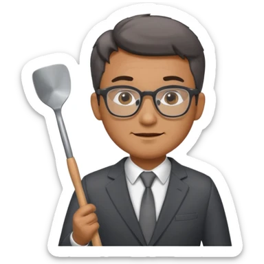 man standing with glasses wearing a suit and holding a spatula sticker