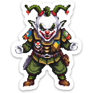 evil clown soldier, bald, short forehead horns, fangs, pointed ears, black and military green clothes, fighting stance sticker