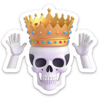 A shocked skull with a crown on top, both hands raised pressing on its head in disbelief, black and white sticker