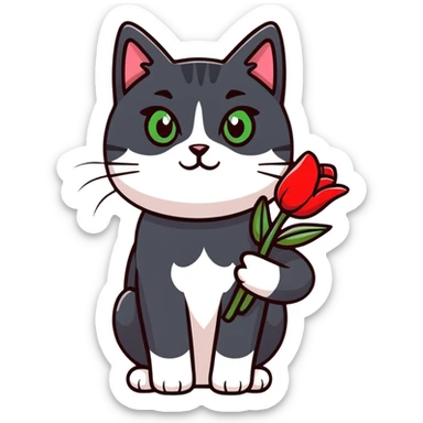 tricolor fluffy cat with big green eyes holding red tulips in her arms sticker