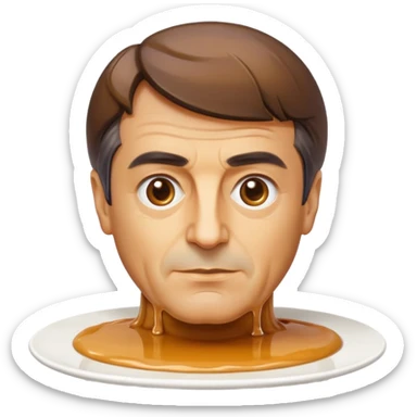 apple style emoji of a bust of François Fillon with the whole head and face stylized as a dessert, very smooth shiny flan texture, no human skin, simplified features, thick glossy dripping caramel hair, on a round white plate sticker